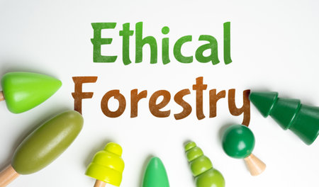 Ethical forestry inscription and tree figures. Sustainable forestry, environmental responsibility. Eco-friendly practices, conservation, and responsible resource management.の写真素材
