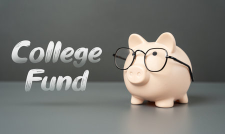 College fund and piggy bank with glasses. Concept of collecting money for education. Financial planning, tuition savings. Scholarship. Student loansの写真素材