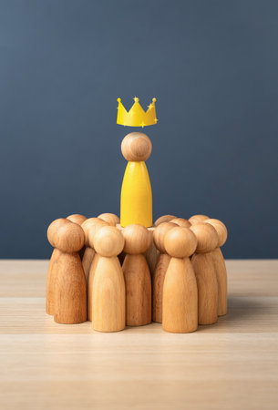 The head of the crowd with a golden crown of power. The leader. Leadership, influence, authority, dominance, the role of a leader guiding a group or society.の写真素材