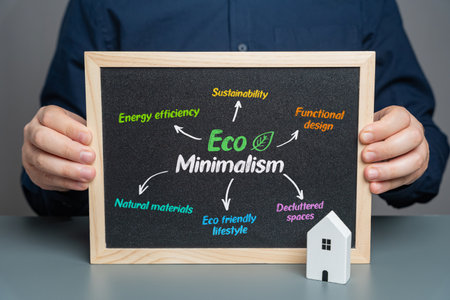 Eco Minimalism on a sign in the hands of a man. Sustainable living, simple design, environmental responsibility, and conscious consumption.の写真素材