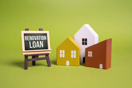 Renovation loan and house figures. Property improvement, budgeting, investment in real estate. These loans help homeowners enhance property value and living conditions.の写真素材