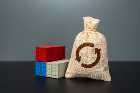 Bag with symbol of exchange and trade turnover, next to sea containers. Concept of world trade and import export balance. Logistics, and international commerce.の写真素材