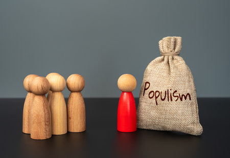 The red man offers the audience a bag of Populism. The concept of politicians leading populist agitation. Propaganda. Promises, mass manipulation, and political deception.の写真素材