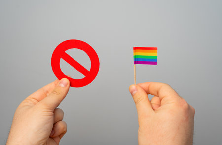 Ban on LGBT movements and media coverage. Concept of censorship, human rights restrictions. Freedom of speech violations, societal discrimination, and marginalized community struggles.の写真素材