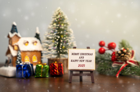 Easel Merry Christmas and Happy New Year 2025. Xmas winter holiday. Decoration, celebration. The concept of the beginning of the new year. Christmas tree, gifts and a house with snowfallの写真素材