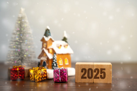 Wooden blocks Hello 2025 near the Christmas tree, gifts and house. Merry Christmas and Happy New Year! Xmas concept. Festive winter holiday. Snowfallの写真素材