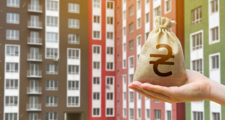 Ukrainian hryvnia bag against the background of modern high-rise buildings. Investing in the purchase of real estate. Affordable housing and mortgage rates.の写真素材
