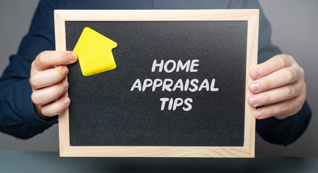 Home Appraisal tips concept. Strategies and best practices homeowners can use to maximize the assessed value of their property during a professional appraisal. Notes and house in male handsの写真素材