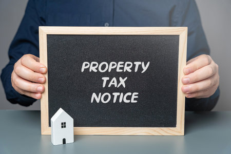 Property tax notice concept. Official document issued by local government authorities to inform property owners of the amount of property tax they owe for a specific period. board with words in handsの写真素材