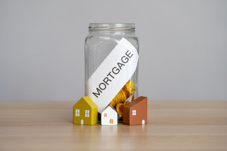 Accumulation of money to pay interest rates on mortgages. Buying a property in debt. Take credit for housing. Mortgage tax and loan concept.の写真素材