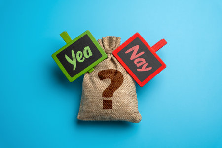 Bag with question and signs Yea or Nay. Voting, business choices, or financial investments. Consequences of selecting between two opposing pathsの写真素材