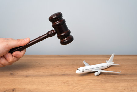 Passenger plane and court gavel. Concept of litigation cases for dispute resolution in the aviation industry. Passenger rights, airline regulations, contract disputes, and liability claims.の写真素材