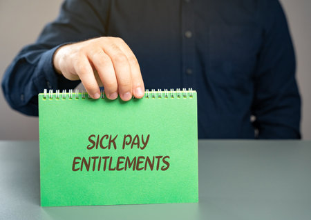 Sick pay entitlements concept. Right of employees to receive compensation from their employer or a government program while they are unable to work due to illness or injury. Notepad in the handsの写真素材