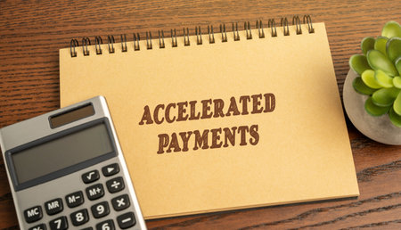 Inscription Accelerated payments in notebook. Practice of making extra or more frequent payments toward a loan or mortgage to pay off the debt faster. Real estate and financeの写真素材