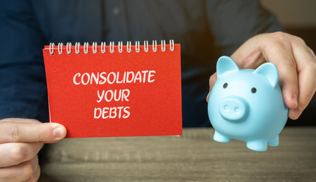 Consolidate your debts concept. Combining multiple debts, such as credit card balances, personal loans, or other liabilities, into a single loan or payment plan. A notebook, piggy bank in the handsの写真素材