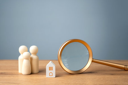 House searching concept. Home appraisal. Property valuation. Choice of location for the construction. Search for housing, apartments. Real estate appraiser. Magnifying glass, wooden house and family.の写真素材