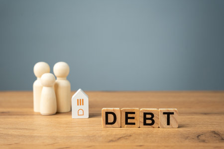 Wooden blocks Debt and family with house. Reminder to pay taxes and rent. Paying off debts for housing and real estate. Copy spaceの写真素材