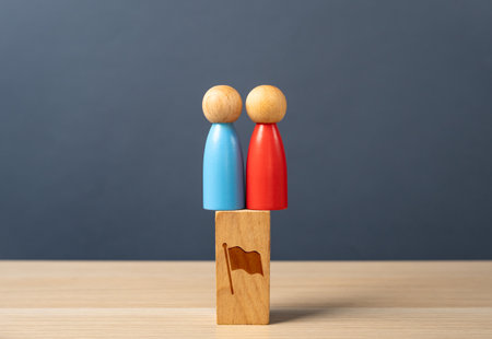 The struggle for power between two candidates for leadership. Political struggle, elections. Political campaigns, strategic debates, and public influence.の写真素材