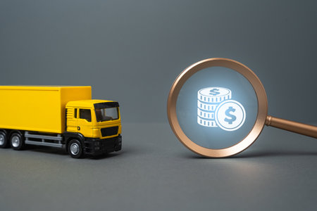 Cost of freight transportation and freight by road transport. Fuel costs, delivery fees, and cargo shipping rates. Adjust pricing. Efficient transportation management, route planning logisticsの写真素材