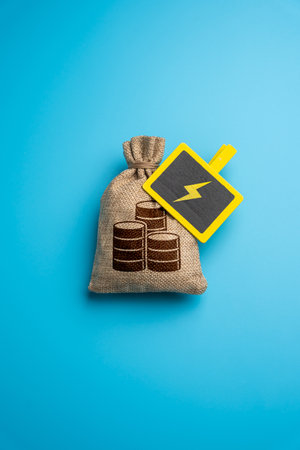 Money bag and lightning of electricity. Concept of cost of electricity. Household electricity bills. Energy inflation. Rising electric rates. Cost of powerの写真素材