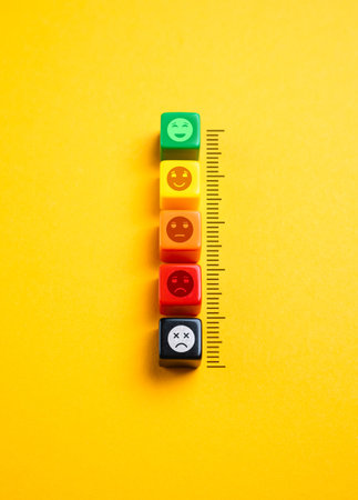Satisfaction and well-being rating scale. Evaluates happiness. Mental health, work-life balance, financial stability, and personal growth.の写真素材