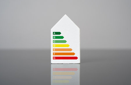 House figurine and energy efficiency scale. Energy rating scales. Insulation, eco-friendly design, and sustainable living.の写真素材
