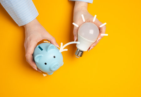 Piggy bank and light bulb idea in hands. Concept idea how to earn pocket money. Start a business or come up with a startup. Creativity, financial planning, and innovative ways to generate incomeの写真素材