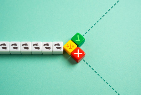 Weigh the decision leading in different directions. Careful analysis, risk assessment, and choosing the best path forward. Decision with contrasting outcomesの写真素材