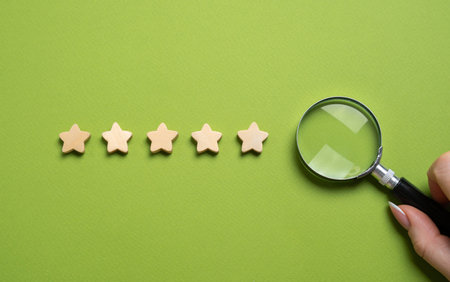 Five stars. Rating for quality and popularity. Excellence, reliability, and strong customer satisfaction. Popular, hospitality. Product quality, customer experience, and service performanceの写真素材