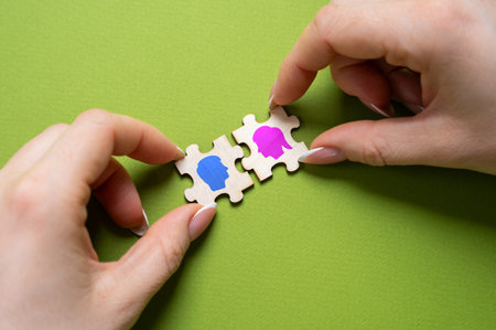 Puzzles with symbols of opposite sexes. Concept of romantic relationships. Search for the second half. Trust, communication, and shared values. Understanding, and emotional investment.の写真素材