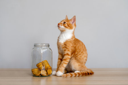 A small ginger orange kitten sits near a bank of coins. The concept of financial savings for maintenance pets. Animal donation. Saving moneyの写真素材