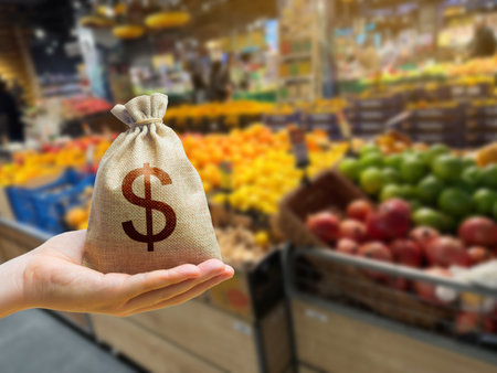 dollar money bag on the background of a grocery store counter with fresh organic vegetables and fruits. Concept of cost of goods and food products. Grocery set. Import and exportの写真素材