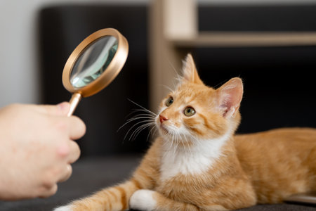 The owner looks at his orange cat through a magnifying glass. Self-examination of your pet for fleas and diseases. Tabby ginger kitten. Diagnosticsの写真素材