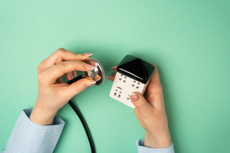 Woman holding stethoscope near small house. Housing condition and maintenance. Apartment renovation. Property valuation. Real estate conceptの写真素材