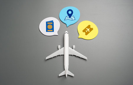 Airplane and travel attributes. Tourism and visas. Passports, plane tickets, visa approvals, and international exploration. Destinations. A guide to tourist trips and business.の写真素材
