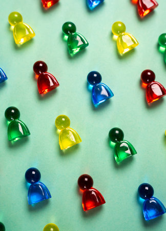 Multi-colored figures of people on a turquoise background. Concept of sociology, psychology, consumers and marketing. Multiculturalism. Different people. Hiring and recruiting for work. Search talentsの写真素材