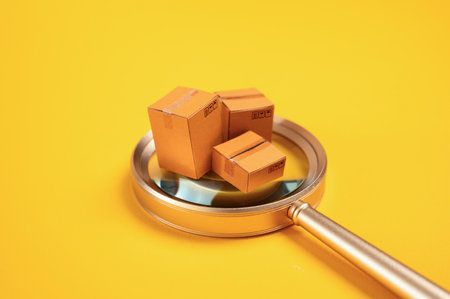 Boxes with goods under a magnifying glass. Quality control. Customs, duties and tariffs. Monitoring prices and consumer demand. Logistics, retail, and international commerce. Market oversight.の写真素材