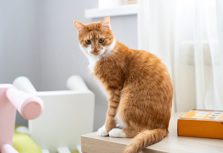 Portrait of an orange cat in a home environment. Domestic pet life. Pets, animal care, and everyday home life. Charm of feline companionship, indoor relaxationの写真素材