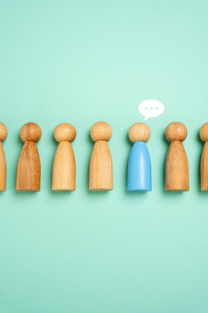 The only person in the crowd makes contact. Opinion leader. Get feedback, communicate. Survey opinions and wishes. Gathering feedback, influencing opinions. Public sentiment.の写真素材