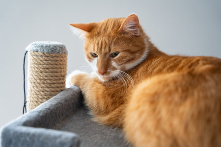 An orange cat is relaxing on a bed on a cat tree. Calm and cozy moment of feline life. Domestic tranquility. Cat care, pet furniture, animal behavior, and home environments with pets.の写真素材