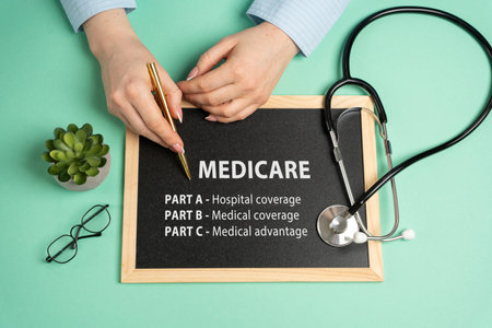Medicare concept. Part A, B and C - Hospital coverage, medical insurance and Medicare Advantage. Federal health insurance program primarily for people aged 65 and older. Woman, pen and boardの写真素材