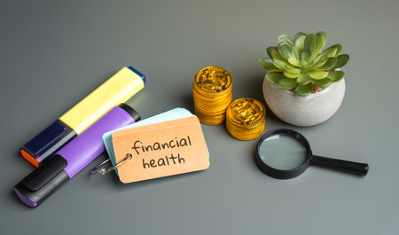 Financial health concept. State of your personal financial situation. It includes how well youâre managing your money, meeting your financial obligations, and planning for the future. Message, coinsの写真素材