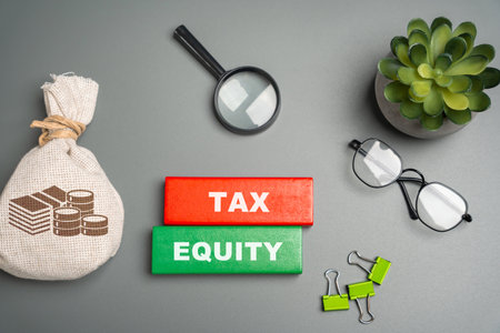 Tax equity concept. System of taxation where individuals or businesses are taxed fairly, based on their ability to pay. Blocks with inscription, money bagの写真素材