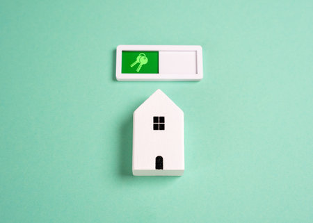 House and keys in the indicator. Concept of free housing for booking, renting or buying. Property listings, home rental platforms, or real estate with deals ease and transparency.の写真素材