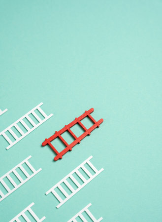 The red staircase is ahead of all the white ones. Race for leadership. Career growth, strategic...
