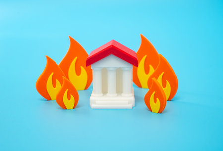 The government building is surrounded by fire. The concept of political crisis. Political emergency, instability, or civil unrest. Public dissatisfaction, controversial reforms, loss of authority.の写真素材
