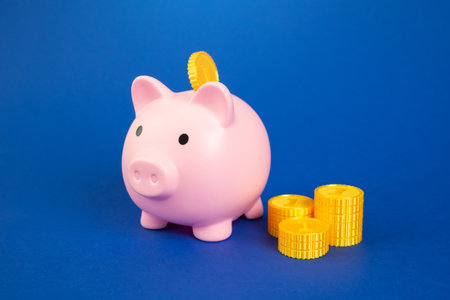 Piggy bank and money coins. Savings and deposits. Pension planning, budget discipline, or financial education. Economic literacy.の写真素材