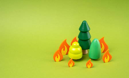 Forest on fire, metaphor from figurines. Preservation of forest and fauna, preventive measures and monitoring. Climate crisis, human impact, ecological responsibility. Environmental awarenessの写真素材