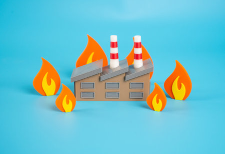 Factory on fire. Man-made accidents. Economic crisis leads to closure of the enterprise. Industry in the conditions of military actions. industry shutdowns during crises and wars.の写真素材