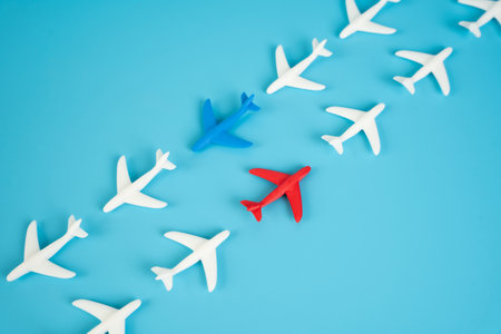 Booking of two-way flights. Flights and return. Two-way travel planning, return flights, and flexible travel schedules. Competing airlines. Connection between nearby aircraft.の写真素材